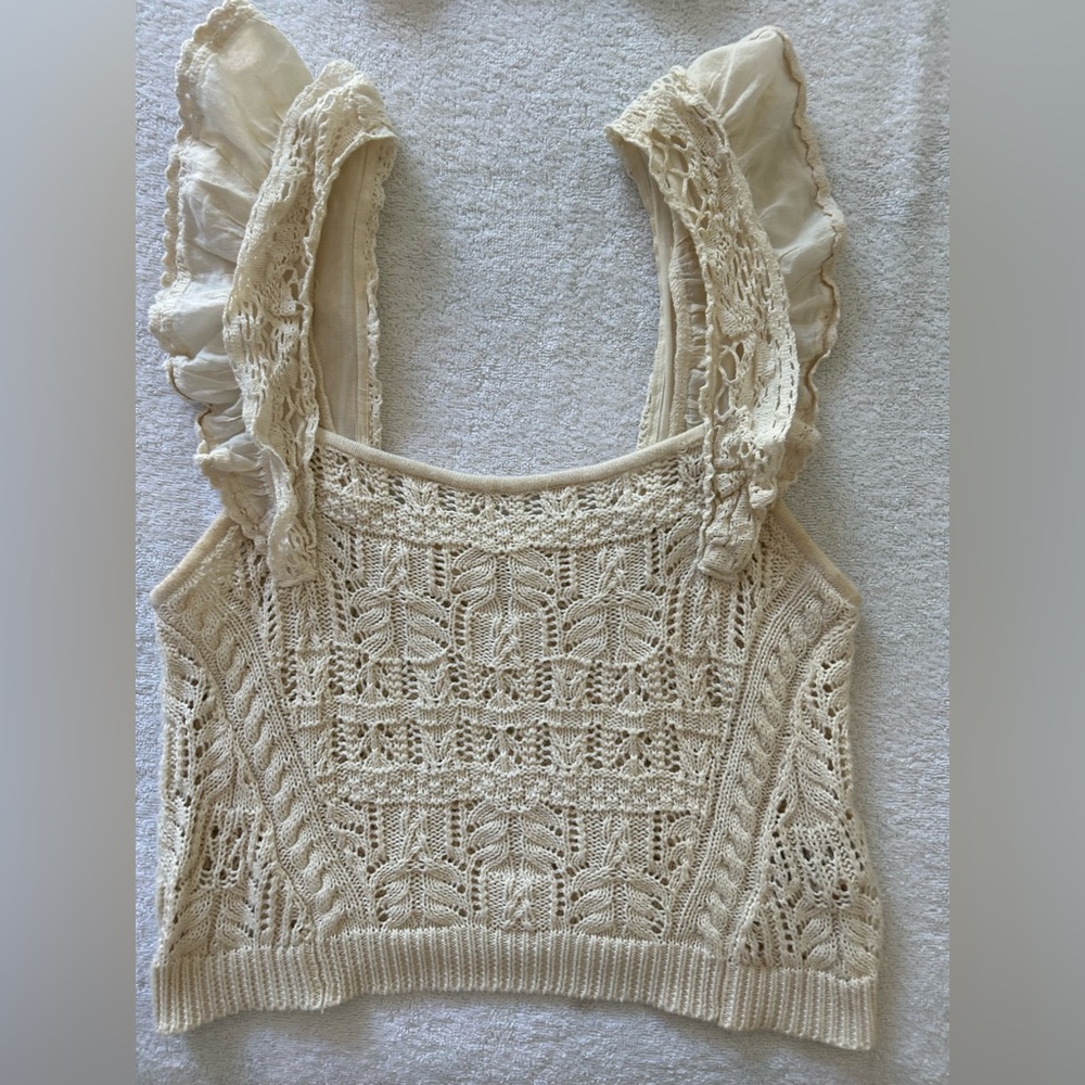 Anthropologie Cream Crochet Knit Ruffle Strap Tank